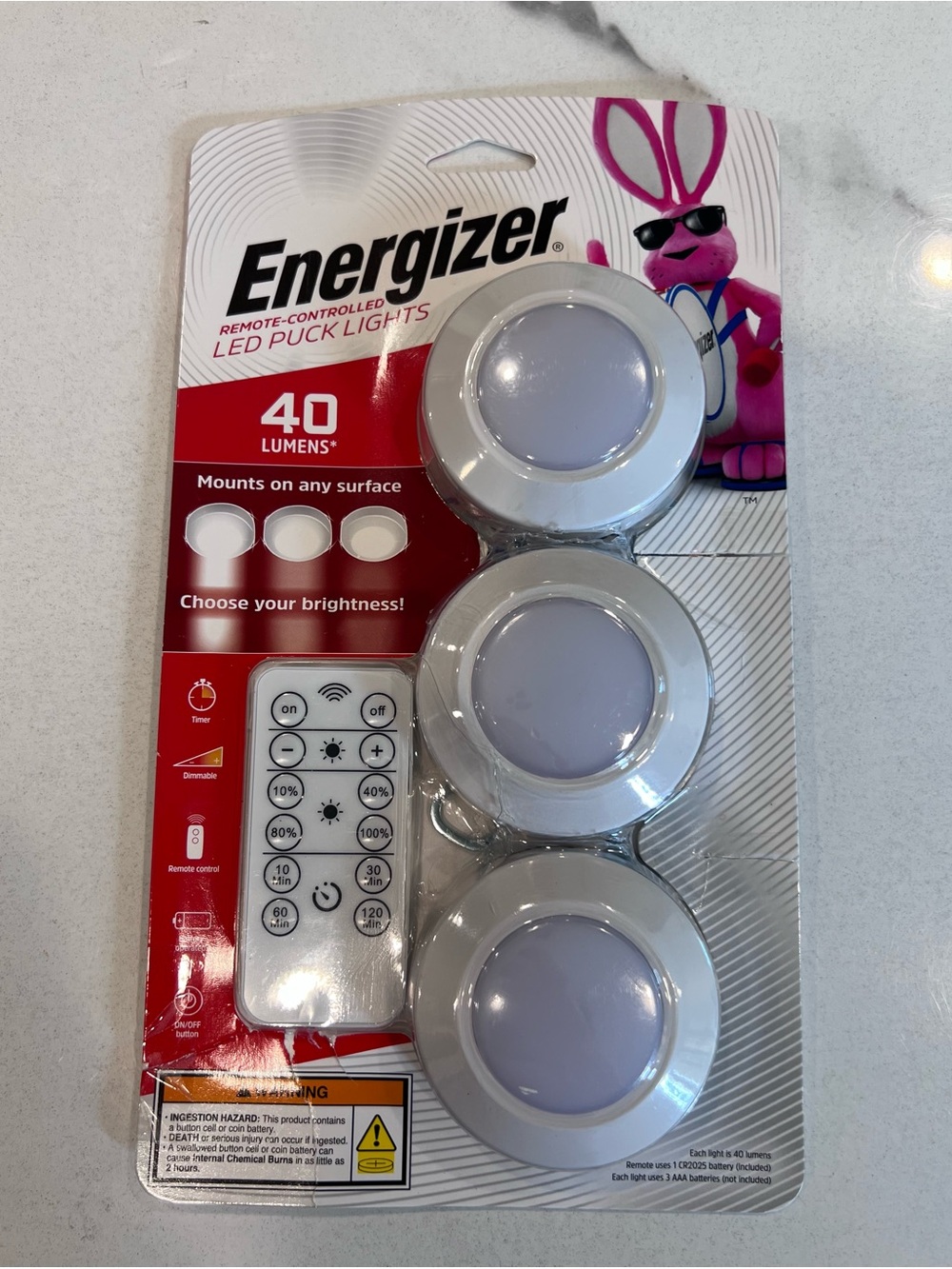 3 PACK Energizer Remote Control LED Puck Lights 40 Lumens